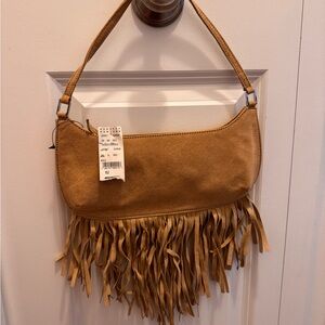 Barneys New York Faux Suede Fringe Shoulder Bag Tan Boho Western Y2K Hobo Purse